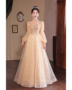 Champagne Sparkle Puff-Sleeve Ball Gown with Sheer Neckline – Perfect for Weddings and Formal Events
