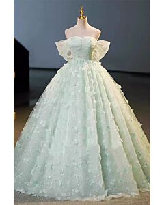 Mint Green Off-Shoulder 3D Floral Ball Gown – Perfect for Weddings and Formal Events