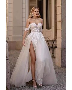 Off-the-Shoulder Lace Gown with High Slit and Long Train for Formal Events
