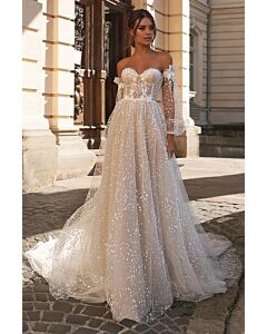 Off-the-Shoulder Long-Sleeve Sparkling Ball Gown with Long Train for Formal Events