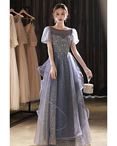 Lavender Sequin Puff-Sleeve A-Line Gown with Sheer Overlay – Perfect for Weddings and Formal Events