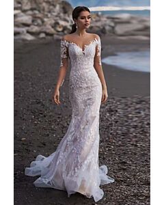 Lace Off-the-Shoulder Mermaid Gown with Long Train for Beach Weddings