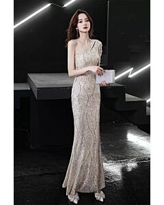 Champagne Sequin One-Shoulder Evening Gown – Perfect for Cocktail Parties and Red-Carpet Events