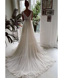 V Lace Bodice A-Line Gown with Long Train for Evening Events