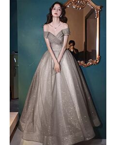 Sparkling Silver Off-Shoulder Tulle Gown – Elegant Evening Dress for Special Occasions