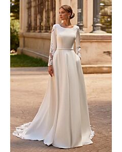 Long-Sleeve Bateau Neck A-Line Gown with Lace Detail and Long Train for Formal Events