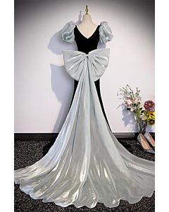 Black Velvet Gown with Silver Puff Sleeves and Flowing Train – Perfect for Weddings and Formal Galas