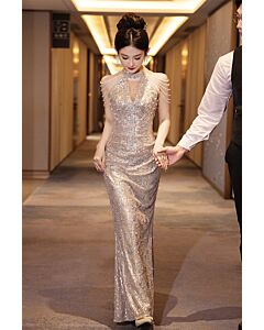 Moonlit Mirage – Halter Sequin Mermaid Gown with Pearl-Draped Shoulders