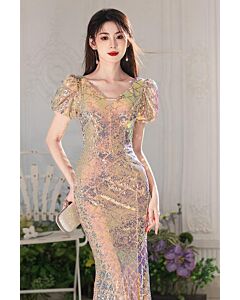 Iridescent Sequin Puff-Sleeve Evening Gown – Perfect for Cocktail Parties and Formal Events