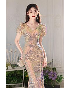 Aurora Radiance – Puff-Sleeve Iridescent Sequin Mermaid Gown
