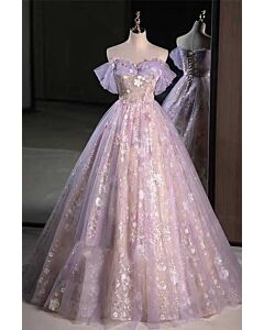 Lilac Sparkling Off-Shoulder Ball Gown with Floral Appliqué – Perfect for Weddings and Formal Events