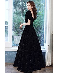Sparkling Black Velvet Puff-Sleeve Gown with Open Back – Perfect for Formal Events
