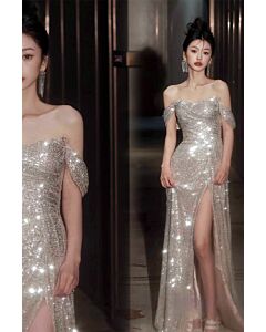 Celestial Glimmer – Off-Shoulder Sequin Gown with Slit