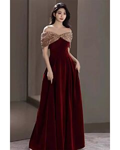 Burgundy Velvet Off-Shoulder Gown with Beaded Caplet – Perfect for Formal Events and Galas