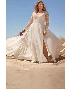 Long-Sleeve V-Neck Lace Bodice Tulle Gown with High Slit and Long Train for Beach Weddings