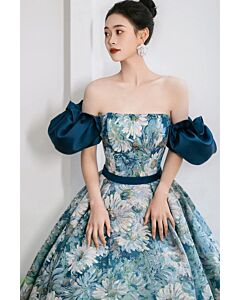 Floral Print Off-Shoulder Ball Gown with Puffy Sleeves – Perfect for Formal Events and Galas