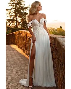 Off-the-Shoulder Lace Bodice Gown with High Slit for Formal Events