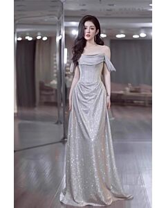 Lunar Luster – Cowl Off-Shoulder Silver Sequin Gown
