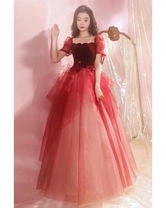 Romantic Rose – Puffy Sleeve Velvet Tulle Ball Gown with Scalloped Neckline