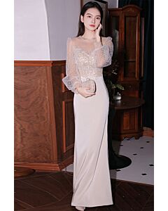 Ethereal Pearl Sheath Gown – Sheer Puff Sleeves & Embroidered Bodice
