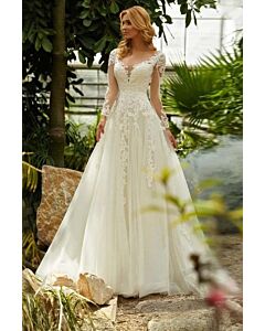 Lace V-Neck Long-Sleeve A-Line Gown with Long Train for Formal Events