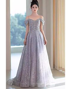 Twilight Sparkle Off-Shoulder Evening Gown – Glittering Silver Elegance