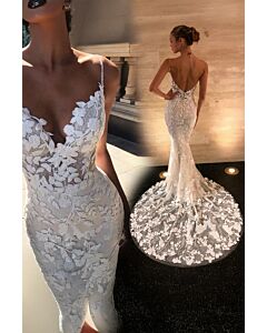 Lace Appliqué Mermaid Gown with Deep V-Neck and Long Train for Formal Events