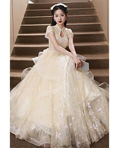Graceful Champagne Tulle Ball Gown with Mandarin Collar – Perfect for Weddings and Formal Events