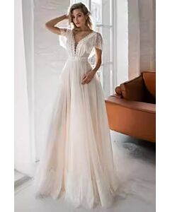 Lace V-Neck Tulle Maxi Dress with Long Train for Formal Events