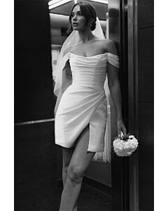 Off-the-Shoulder Ruched Mini Dress with High Slit for Formal Events
