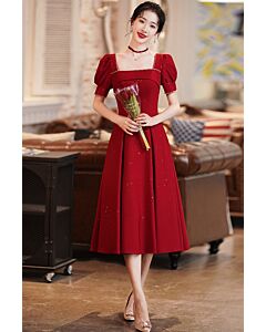 Scarlet Vintage Tea Dress – Square Neck & Puff Sleeves