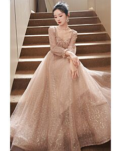 Sparkling Blush Tulle Gown with Sequined Bodice and Sheer Sleeves – Perfect for Formal Occasions