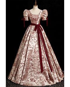 Ivory & Red Jacquard Puff-Sleeve Ball Gown with Bow – Perfect for Weddings and Festive Occasions