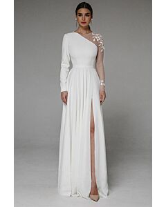 One-Shoulder Long-Sleeve Gown with High Slit for Formal Events