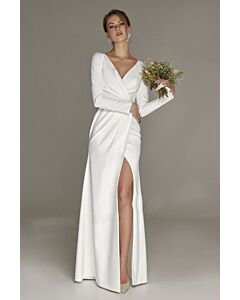 Long Sleeve V-Neck Wrap Gown with High Slit for Formal Events