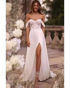 Off-the-Shoulder Lace Bodice Gown with High Slit for Evening Events