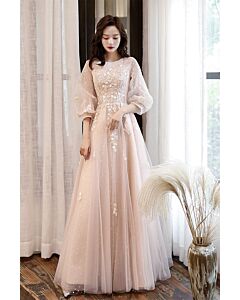 Ethereal Blush Lace Gown – Vintage-Inspired Tulle Dress with Embroidered Details & Puff Sleeves