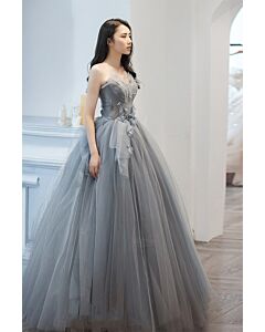 Grey Strapless Floral Tulle Ball Gown – Perfect for Weddings and Formal Soirees