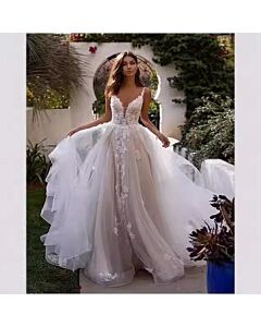 Lace V-Neck Ball Gown with Layered Tulle Skirt and Long Train for Formal Events