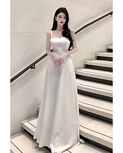 Sleek White Satin Spaghetti-Strap Gown – Perfect for Weddings and Formal Soirees