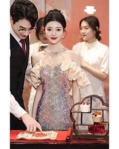 Golden Aurora – Sequin Bodycon Gown with Ruffled Organza Sleeves