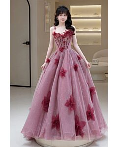 Pink Floral Sequin Princess Gown – Elegant Party Dress with Sparkling Details