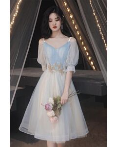 Elegant Blue Princess Dress with Crystal Waist Detail and Puffy Sleeves