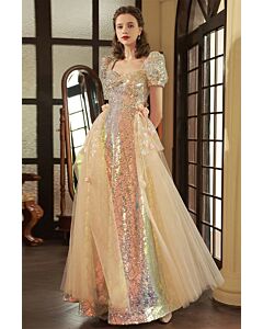 Opalescent Elegance Gown with Puffy Sleeves and Tulle Train – Sparkling Evening Dress