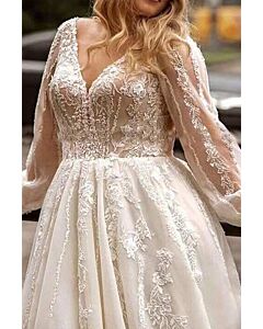V-Neck Long-Sleeve Lace Appliqué Tulle Ball Gown with Long Train for Formal Events