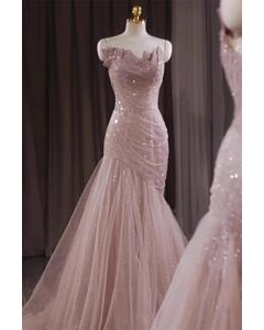 Elegant Pink Mermaid Train Evening Gown - Fairy-Tale Spaghetti Strap Long Dress for Engagement and Adult Celebrations