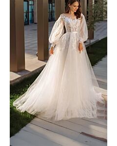 Lace Illusion Neckline Long Sleeve A-Line Gown with Long Train for Formal Events