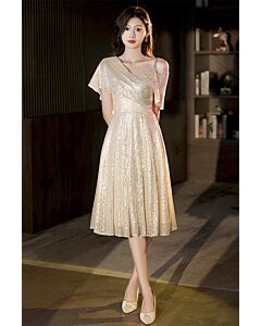 Gold One-Shoulder Sequin Midi Dress – Perfect for Cocktail Parties and Evening Soirees