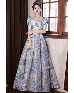 Elegant Blue Satin and Floral Brocade Ball Gown – Perfect for Galas and Formal Occasions