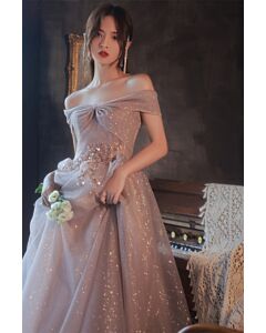 Twilight Sparkle Off-Shoulder Gown – Elegant Glitter Tulle Dress with Bow Detail for Formal Events